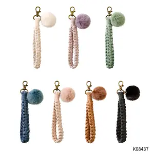 Macrame Flat Square Knot Wristlet Keychain with Pom Pom