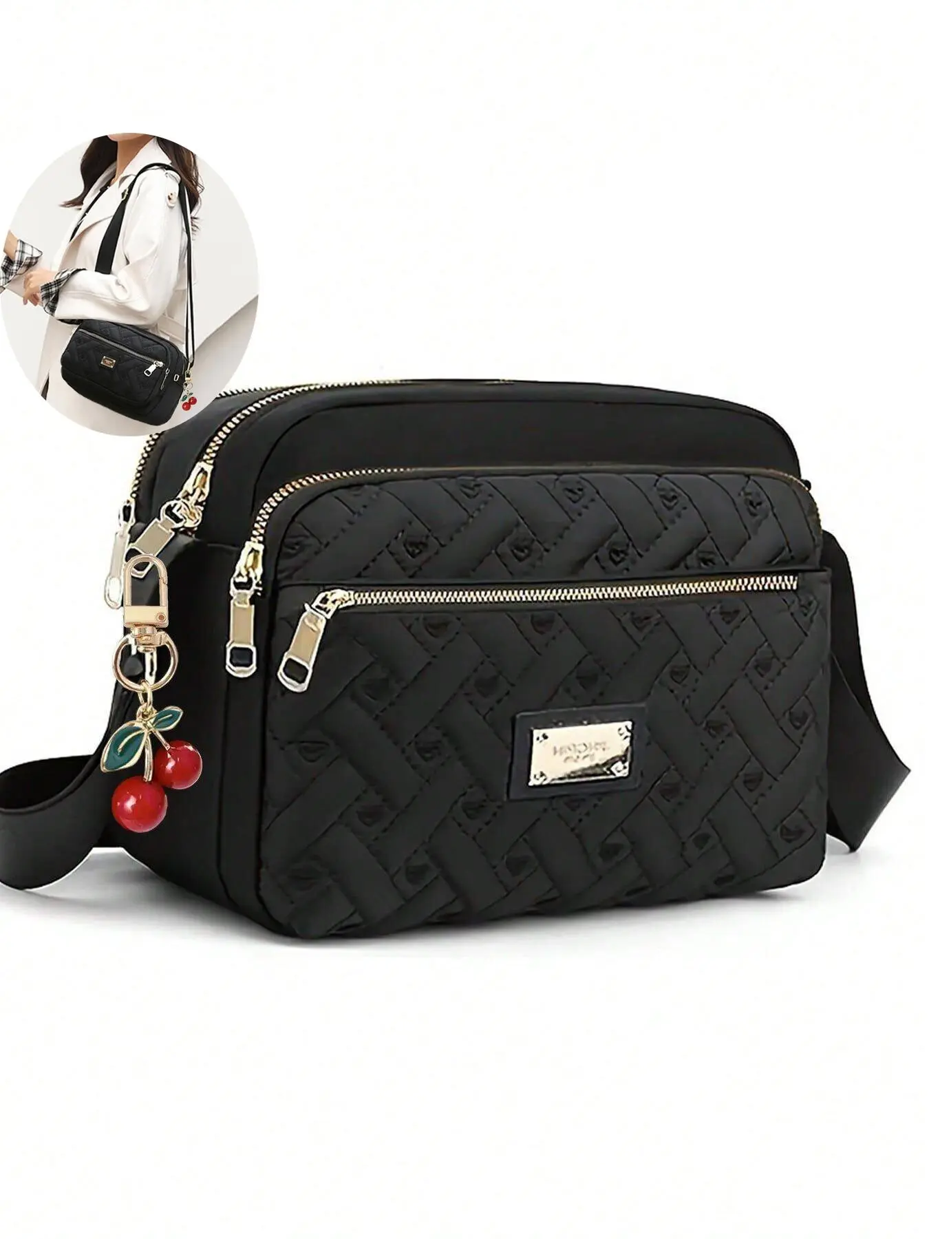 High-Quality Cute Cherry Zipper Design Heart Embroidery Women's Crossbody Bag, Casual Shoulder Bag, 5 Zipper Multi-Capacity Shoulder Tote for All Seasons, Fashionable Crossbody Bag, Trendy Crossbody Bag, Casual Crossbody Bags