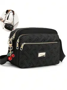High-Quality Cute Cherry Zipper Design Heart Embroidery Women's Crossbody Bag, Casual Shoulder Bag, 5 Zipper Multi-Capacity Shoulder Tote for All Seasons, Fashionable Crossbody Bag, Trendy Crossbody Bag
