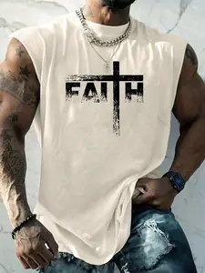 Men's Letter Print Cross Graphic Tank Top, Regular Fit Casual Comfy Sleeveless Breathable Top for Summer, Men's Clothes for Daily Wear, Socks
