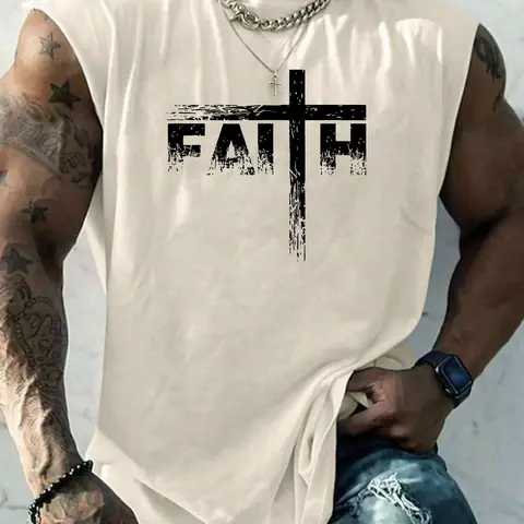 Men's Letter Print Cross Graphic Tank Top, Regular Fit Casual Graphic Comfy Sleeveless Breathable Top for Summer, Breathable Sleeveless Tops, Men's Clothes for Daily Wear, Lightweight Sleeveless Shirts, Casual Fashion Clothing