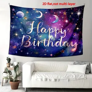 1pc 2D Flat Backdrop, , Space Galaxy Happy Birthday Polyester Backdrop Cloth Birthday Background Starry Universe Stars Planet Moon Photography Backdrop Banner for Birthday Party Decoration Photo Video