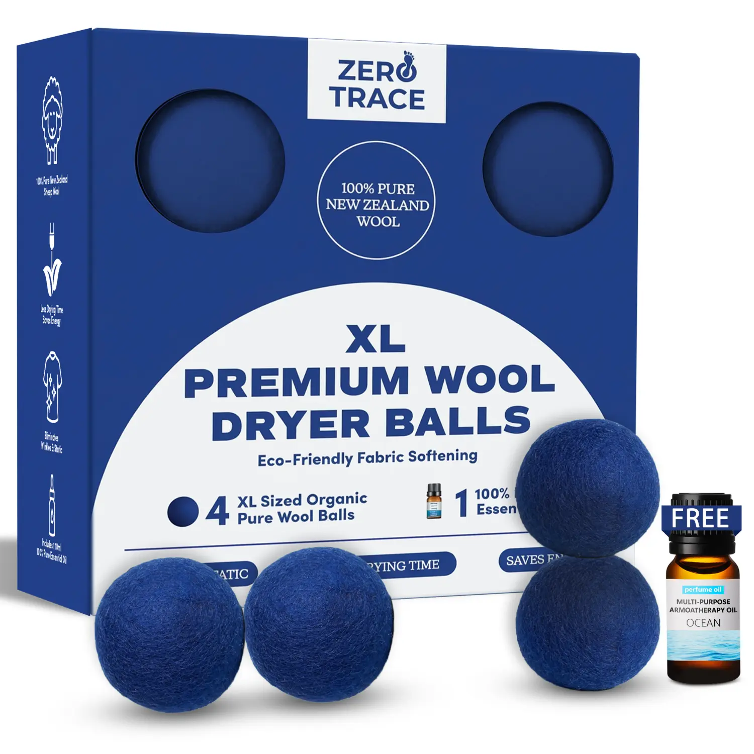 Zero Trace XL Wool Dryer Balls, Reusable Natural Fabric Softener Balls with Fragrance Oil, 100% New Zealand Wool, Reduces Static, Wrinkles & Drying Time, 3 Pack