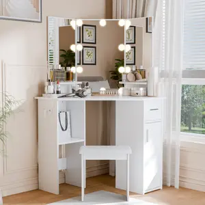 Small Corner Vanity Desk with Mirror and Lights, Bedroom Makeup Vanity Table with Lighted Mirror Sliding Drawers & Storage Cabinet, Charging Station 3 Color Adjustable Vanitys for Girls Women