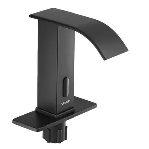 VEVOR Touchless Bathroom Sink Faucet, Automatic Motion Sensor Waterfall Restroom Toilet Faucet with Hole Cover Plate, Battery Operated, Hot/Cold Water for 9/16 in Pipe Commercial Lavatory, Matte Black