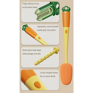 Kitchen Accessories 3-in-1 Adorable Long Handle Bottle Brush - Bottle Cleaner with Sponge Brush, Lid Brush & Gap Cleaner, Ideal for Baby Bottle, Sport Bottle, Flask, Tumblers & Coffee Mug,life hacks products