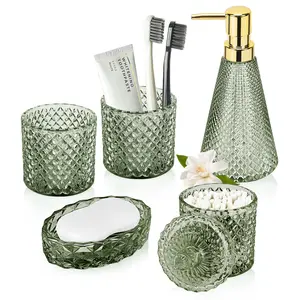 Bathroom Accessory Set, 5Pcs Bathroom Soap Dispenser Set, Green Glass Bathroom Accessory Set with Lotion Dispenser, Soap Dish, Toothbrush Holder, Tumbler, Cotton Swab Jars
