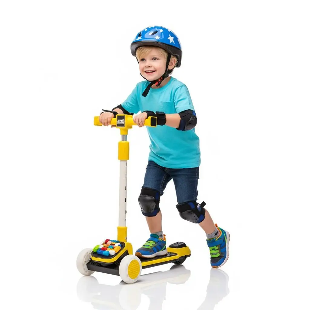 Kartivo Kids Kick Scooter with Buildable Blocks & 5-Position Height-Adjustable Handlebar, Folding Kick Scooter with PU Flashing Wheels & One-Touch Footbrake, 3 Wheel Scooters for Boys & Girls,Christmas Gift