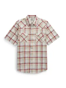 Men's Ely Cattleman Short Sleeve Plaid Western Snap Shirt- Ecru & Navy