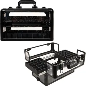 VER Beauty Armored Acrylic Cosmetic Makeup Train Case Organizer Portable Travel Makeup Bag with 6 Tiers Accordion Trays and Keylocks (Black)