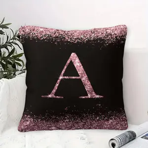 Black & Pink Glitter A-Z Initial Throw Pillow with Insert, Sparkly Rose Gold Monogram, Aesthetic Personalized Decor for Girls, Teens, Bedroom & Sofa, Great as Gift