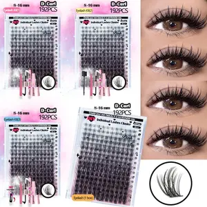 192pcs DIY Cluster Lash Extensions & Full Volume Kit, Individual Lashes Cluster, Classic Style Cluster Lashes, Full Volume Cluster DIY Eyelashes with Bond&Seal Glue, Lash Remover Oil, Brush, Tweezers, 0.07mm D Curl Mix Lengths, Thick Cluster