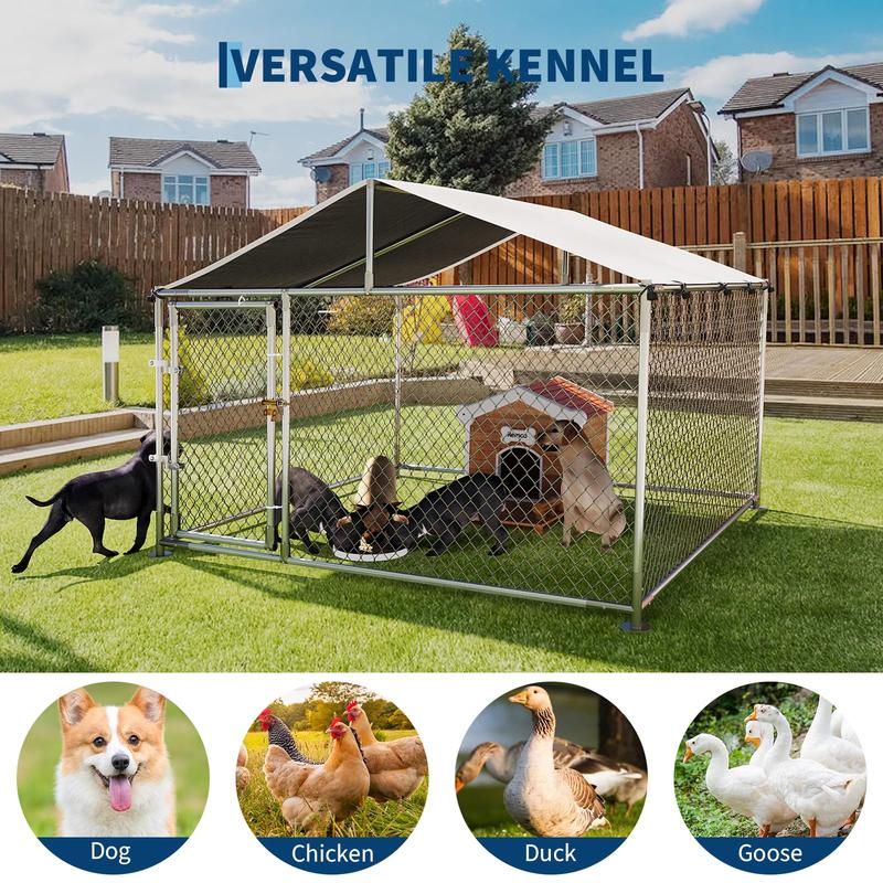 Large Dog Kennel Outdoor with Roof Heavy Duty Dog Enclosure Outside Pet Fence Cage Steel Fence with Ground Anchor Secure Lock Farm Training-A