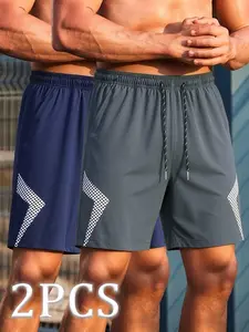 2-Pack Summer Fashion Shorts, Sporty Beach Pants, Elastic Drawstring Waist, Stylish Check Print, Men's Casual Workout Shorts