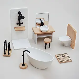 A Set of 8 1:12 Scale Dollhouse Bathroom Furniture Toys with Bathroom Scene Decoration, Shower Room, Sink, Toilet, Bathtub, Stool, Faucet, and More
