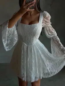 Elegant Chic Women's Lace Square Neck Bell Sleeve Waist-Cropped Mini Dress, Womenswear, Sweet Style Formal Party Dress, Perfect for Dates and Events