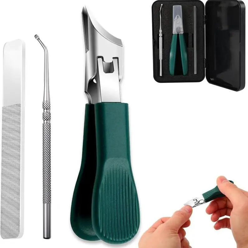 3-Piece Green Eagle Beak Nail Clipper Set – Large Opening, Anti-Splash Beveled Clippers for Thick & Hard Nails |Manicure for Home Use large opening tools-Essential for thick nail users!