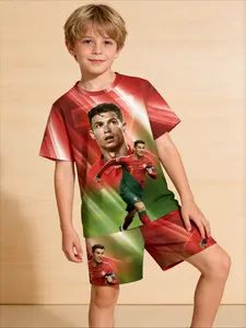 Boys Portugal Football Fan Outfit Set Summer CR7 Cristiano Ronaldo Red Green Gradient Light Effect Running Image Print Short Sleeve T Shirt + Shorts 2 Piece Set Kids Casual Sport Wear for School Daily Football Match & Fan Gathering