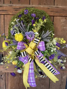 Purple & Yellow Spring Wreath 18" Moss Wreath Base, Ready to Ship, Front Door Easter Decor, Faux Spring Wreath