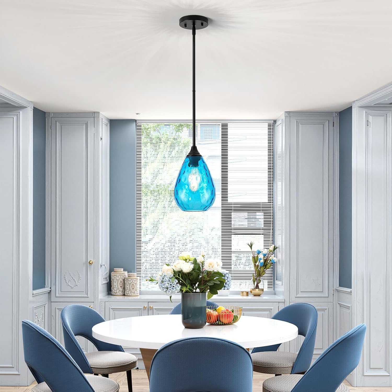 Glass Pendant Lights Kitchen Island, 1-Light Modern Black Fixtures with Blue Hammered Glass & Rods Small Hanging Light for Kitchen Sink Dining Room Bathroom