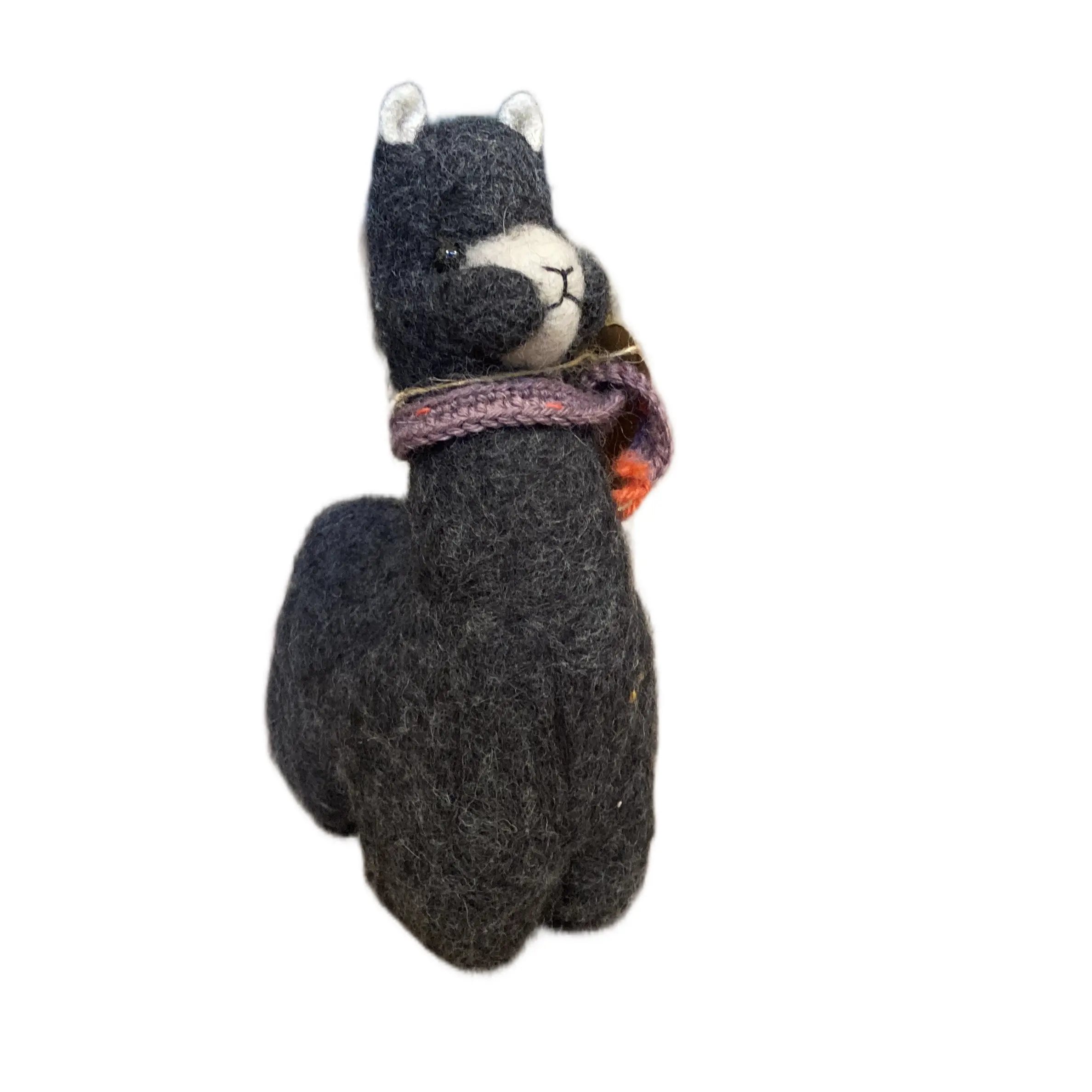 8in Felted Dark Gray Alpaca Stuffed Animal with Scarf
