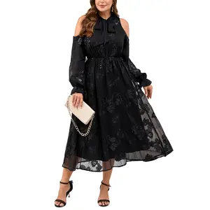 EYWOL Plus Size Cold Shoulder Cocktail Dress Flattering A-Line Chiffon Maxi with Snatched Waist & Floral Sequins Flowy Elegant Party Dress , Formal, Womenswear