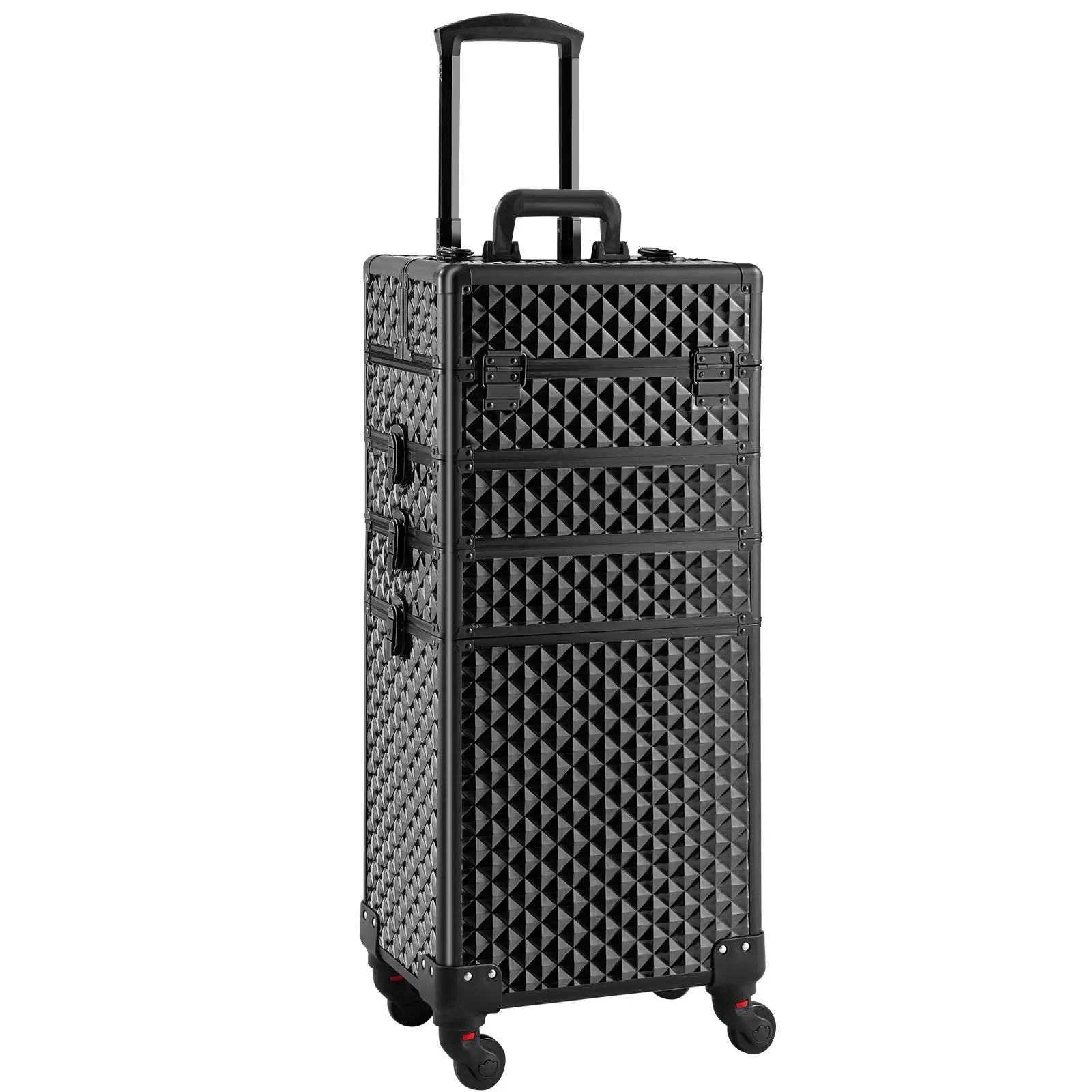 4 in 1 Rolling Makeup Train Case, Diamond Pattern Cosmetology storage Case on Wheels, Aluminum Frame Pro Cosmetic Organizer Lockable with Brake Wheels, Travel Salon Trolley for Nail Tech MUA Hairstylist,