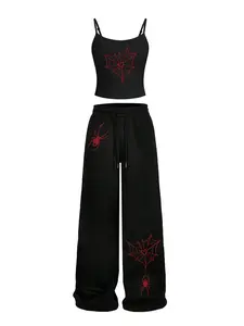 Women's Casual Two-Piece Set, U-Neck Slim Tank Top + High-Waisted Straight Leg Pants, Fashion Heart Spider Web Pattern, All Seasons