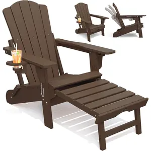 Adjustable Adirondack Chair with Retractable Ottoman, HDEP Folding Adirondack Chairs with Footrest 2-in-1 Cup Holder,  Weather Outoor Fire Pit Chair with Foot Rest Set 1 Brown