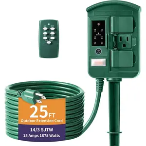 Outdoor Power Stake Timer for Halloween Decorations , Dusk to  Light Sensor, Power Strip with 6 Outlets, 1875W/15A, 100FT  Remote Control, 25FT Extension Cord, Heavy Duty