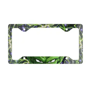 Green Alien Anime Eyes Metal License Plate Frame Neon Sci-Fi Car Accessory Unique Contoured Shape High-Resolution Print Glossy Finish