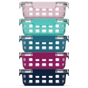 Duraglass 3.4 Cup Meal Prep Sets 10Pc, 5 Pack Set- Glass Food Storage Container with Silicone Sleeve and Airtight BPA-Free Plastic Lids, Dishwasher, Microwave, and Freezer Safe, Evening Orchard