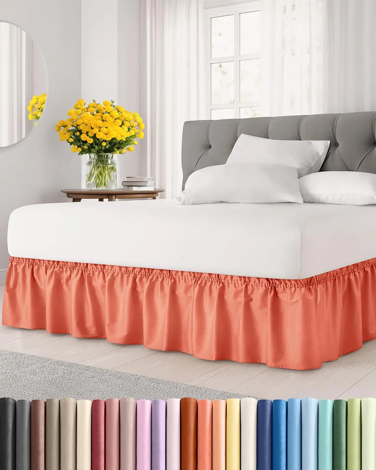 Wrap Around Dust Ruffle Bed Skirt, Full Size Beds - 21 Inch Drop, Coral| Elastic Strap, Pleated Bedskirt w/Brushed, Wrinkle & Fade Free, for, Men, Kids & Teens