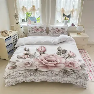 3-Piece Luxury Bedding Set, Base with Floral Design, Includes 1 Fitted Sheet and 2 Pillowcases, No Core, Suitable for Bedroom Use