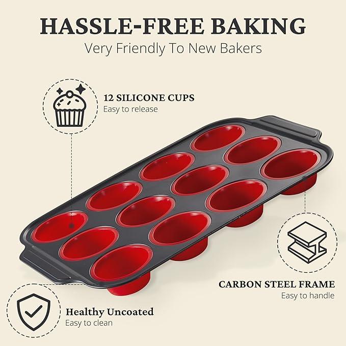 [BF&CM]BRONYPRO Silicone Molds Muffin Pan with Metal Frame, Nonstick 12-Cup Cupcake Pans,Easy to Pop Non-Toxic Bakeware for Oven,Cookware, Kitchen Food
