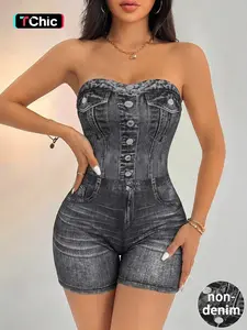 Women's Denim-Effect Printed Button Tube Romper Graphic Style, Casual Strapless Skinny Bodycon Jumpsuit for Summer Daily Outdoor Wear, Nature Ready, Long Lasting, All Day Comfort, Wardrobe Essential