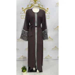 Zipper Abaya Designed With Arabic Calligraphy Cuff Embroidery Taupe