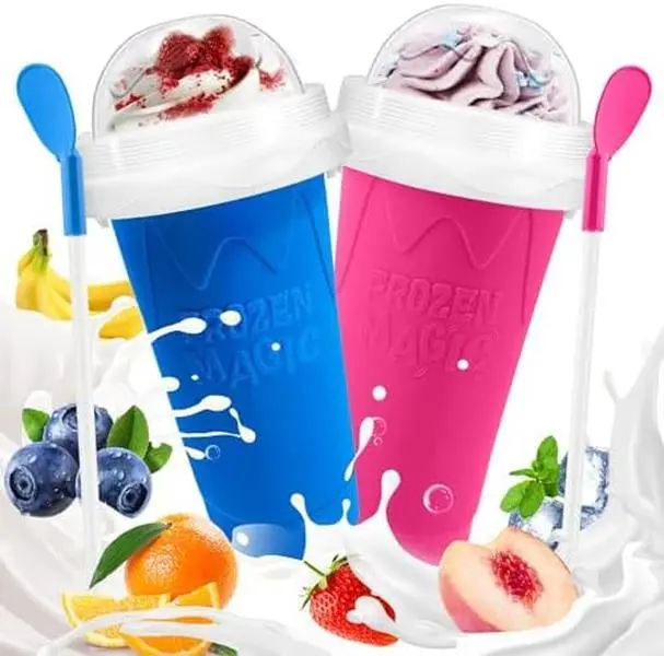 Cylindrical Slushie Squeeze Cup with Lid & Straw, Freezable Kitchen Ice Cream Utensil for Juice, Milk, Yogurt, DIY Smoothies, Ideal for Family (Freeze for 24 Hours Before Use)