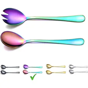 Rainbow Salad Server Set,  Stainless Steel Salad Serving Set With Titanium Colorful , Salad Servers, Salad Spoon, Salad Fork, Pack of 2 (Shiny Rainbow)