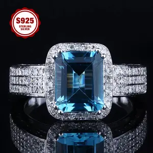 925 sterling silver ring imitating topaz, princess square cut, halo setting, women's engagement ring, suitable for weddings and Valentine's Day gifts