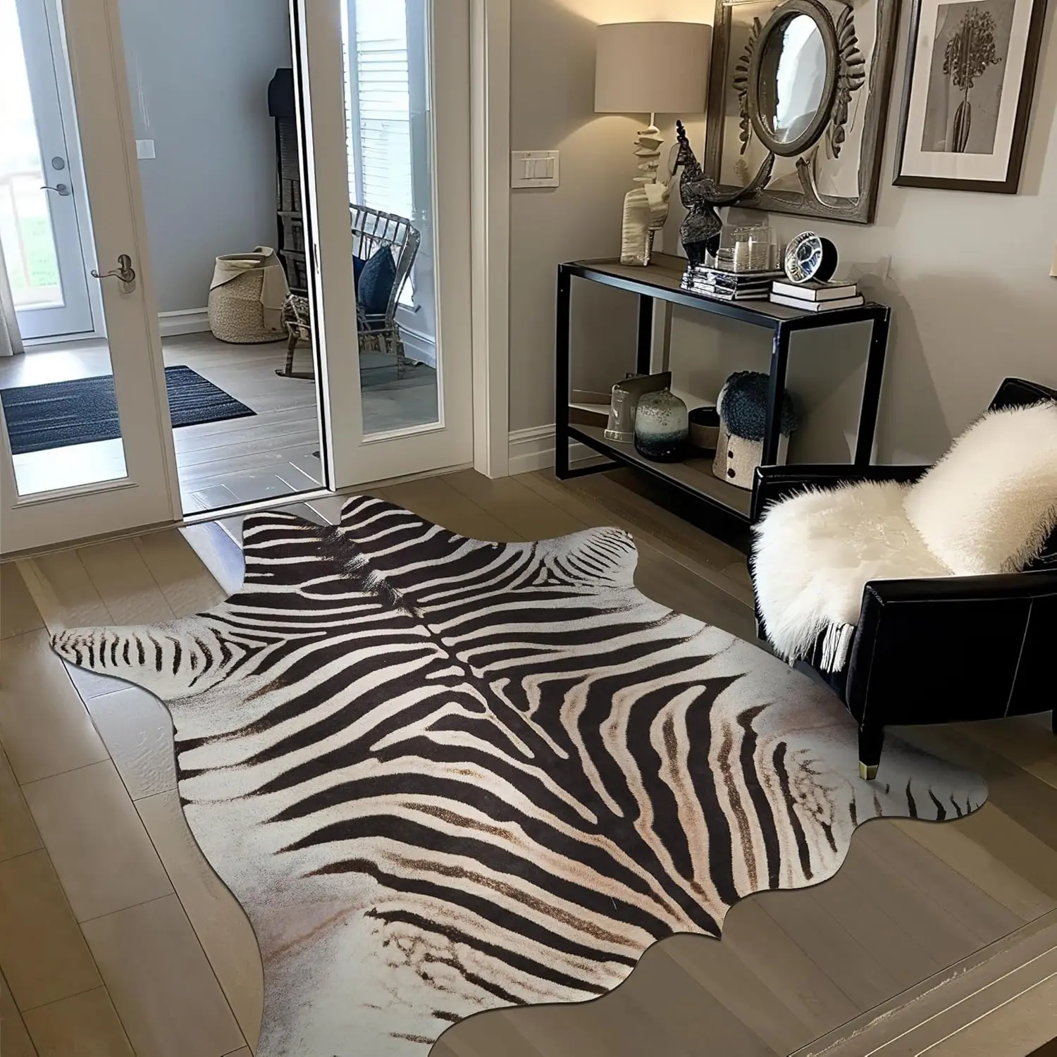 Zebra Print Area Rug Faux Skin Cowhide Animal Design Mat Faux Suede Indoor Floorcover for Bedroom Living Room Design