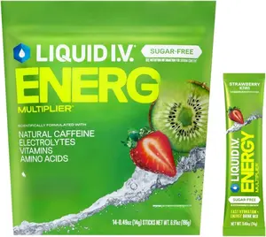 Sugar-Free Hydration and Energy Powder Mix with Electrolytes in Strawberry Kiwi, Rapid Hydration Drink Sticks for Daily Wellness Workouts and Travel, Convenient 14-Serving Pack