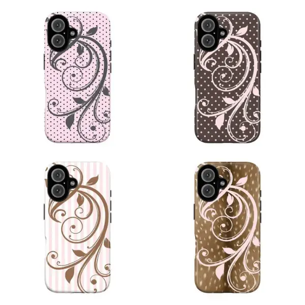 Aesthetic Floral Swirl Phone Case|Vintage Leaf Pattern, Soft Pink Polka Dot & Stripe Design Cover For iPhone 17 Pro Max 16 15 14 13 12 11 for Samsung S21 S22 S23 S24 S25 Phone Case|Tough Phone Case|gift for him for her|Best Gift