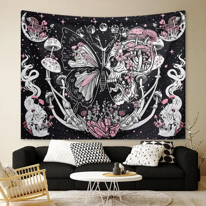 Large Pink Tapestry Featuring a Mushroom And Skull Design, Perfect for a Hippie Aesthetic Bedroom Or As a Wall Hanging for Any Room.