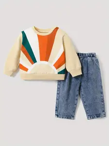 Baby Boys Spring Fall Fashion Set, Sun Print Sweatshirt & Classic Jeans Pants, Casual All-Match Toddler