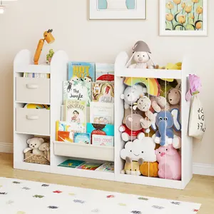 Kids Toy Storage Organizer with Bookshelf & Stuffed Animal Storage 4-Tier Design 3 Cubbies 2 Bins Mirror for Toddlers Age 3-12 Ideal for Kids Room Playroom Classroom