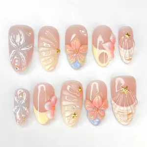 Pastel Summer Nails, Flower with Seashells Almond Press-on Nails, Yellow French Tip Starfish 3D Nails, Holiday Custom Nails For Girl, women, Handmade Reusable nails