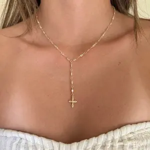 Cecilia Cross Lariat Necklace 14K Gold Filled CZ Chain & Freshwater Pearl Handmade in Hawaii Daily Wear Jewelry