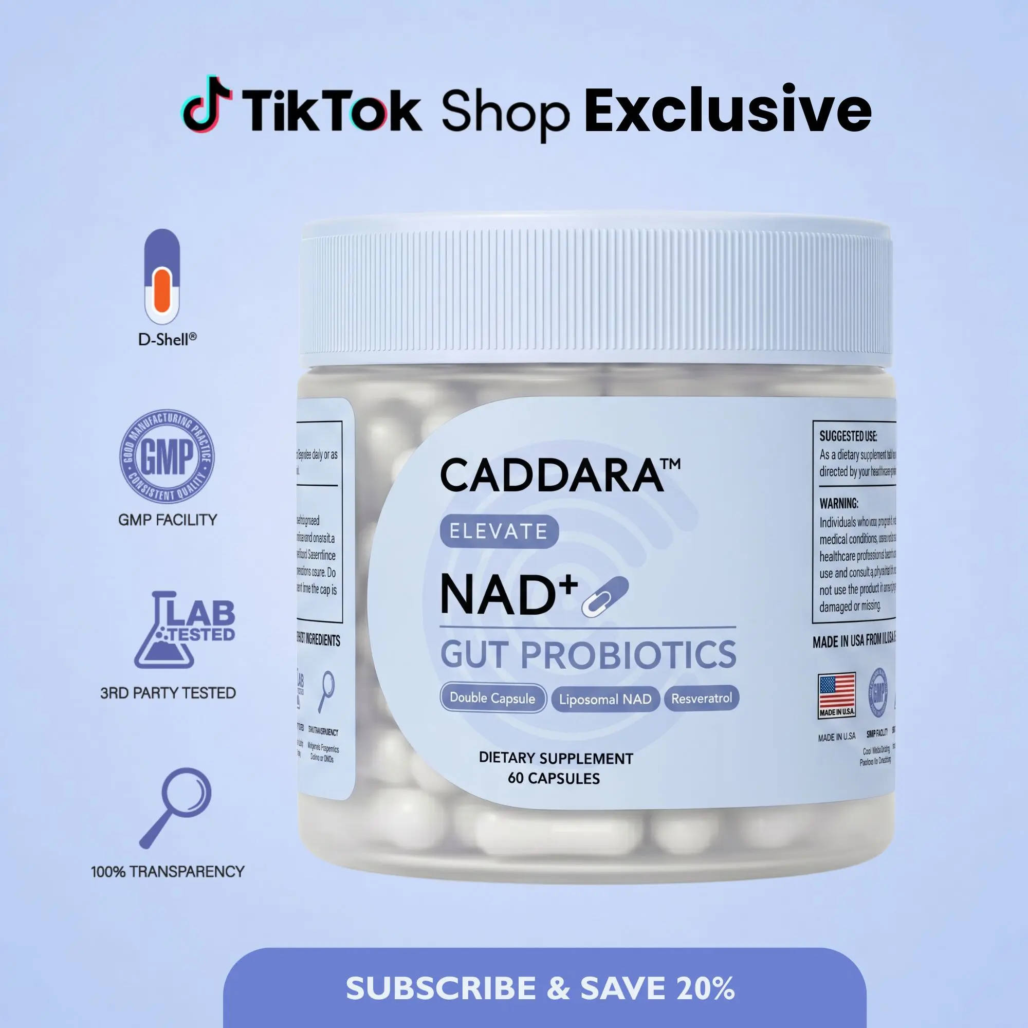 Caddara Elevate Liposomal NAD+ 250mg Trans-Resveratrol 50mg Capsules & Gut Probiotics, Double Capsule, Advanced Energy Support, 60 Capsules