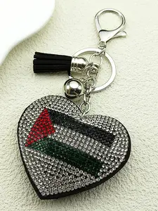 Love Palestinian Flag Heart Keyring For Women Men Rhinestone Black Tassels Faith Male Key Ring Keychain Jewelry Bag Charms Accessories Fashionable Alloy Keychain